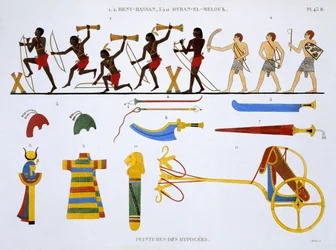 Arqueros del Ejército y Artículos Militares, de un Registro Raro de Frescos de Tebas, registrado 1819-1822 en su segunda visita a Egipto por Frederic Cailliaud (1787-1869), litografía en color